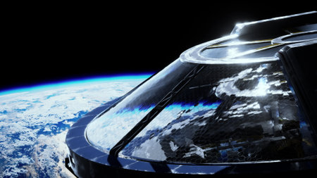 otherworldly laboratory made of metal and glass, like a spacecraft, revolving around Earths orbit.