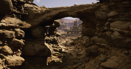Stunning rock arch created through natural erosion stands prominently within a harsh canyon. Surrounding rocky formations display intricate textures and patterns, highlighting natures artistry.の写真素材