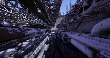 Metal pipes and frameworks converge in a narrow corridor under bright blue skies. The intricate...
