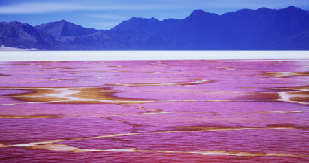 A stunning salt flat showcases vibrant pink and orange colors reflecting in shallow water. Majestic mountains rise in the background under a clear blue sky, creating a picturesque natural setting.の写真素材