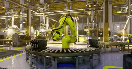 A bright and sophisticated manufacturing area features a yellow robotic arm on a rotating conveyor...