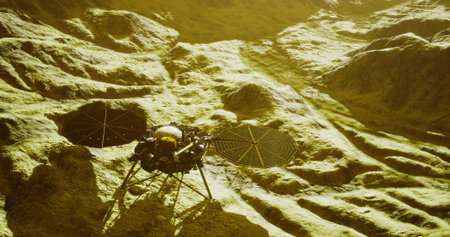 InSight lander explores the diverse terrain of Mars, capturing the rugged features of the Martian...