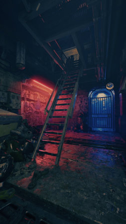 A stairway illuminated in darkness leads upwards to a vibrant blue door, creating a stark contrast in the room.の写真素材