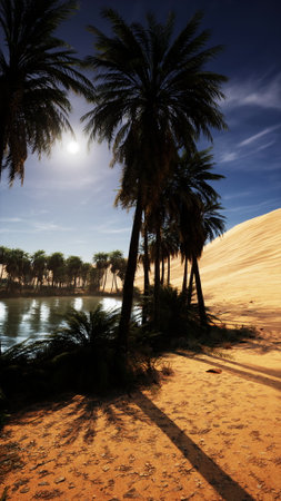 Bright sun shining through tall palm trees casting shadows on a sandy shore.
