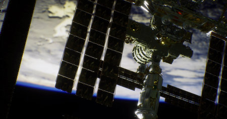 A space station orbits Earth, showcasing solar panels reflecting sunlight. Below, the planets...