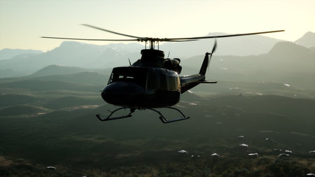 A sleek helicopter hovers gracefully above rugged mountain terrain, catching the warm glow of the...