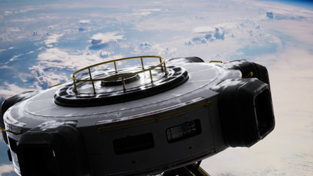 futuristic lab made of metal and glass, reminiscent of a spaceship, spinning around Earths orbit.の写真素材