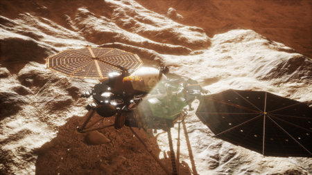 A robotic lander navigates the rugged Martian landscape, surrounded by dusty soil and rocky formations.の写真素材