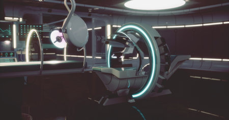 A cutting edge MRI machine stands prominently in a sleek, modern medical facility. Neon lights enhance the futuristic atmosphere, showcasing advanced technology and innovative design.の写真素材
