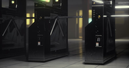 A pair of black turnstiles stand silently in a dimly lit corridor, showcasing a sleek and contemporary design. The mood is calm, hinting at the start of an exciting journey ahead.の写真素材
