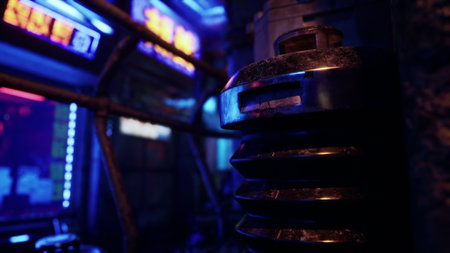 Bright neon lights create a vibrant atmosphere in a futuristic urban scene. A close up of metal machinery blends with colorful lighting, evoking a cyberpunk vibe at night.の写真素材