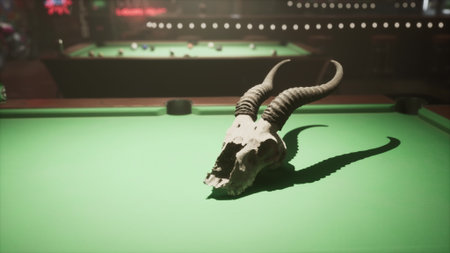 A striking scene inside a bustling bar where a skull with impressive horns rests on a green pool table.の写真素材