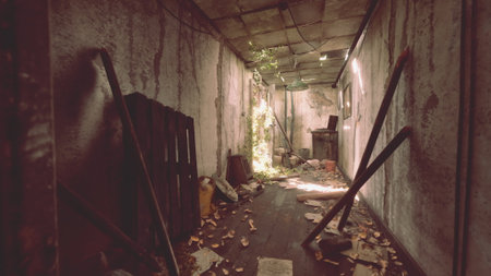 In a neglected hallway, overgrown plants peek through cracks in the walls while debris covers the floor. Dim light filters in, revealing a long forgotten space filled with natures reclaiming touch.の写真素材