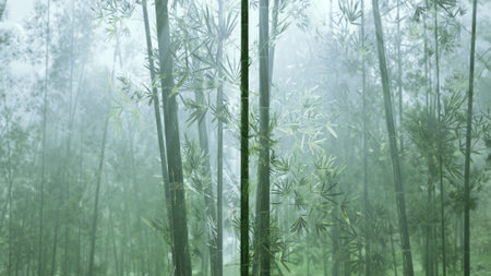 Tall bamboo stalks rise gracefully through a misty landscape. Soft green hues and gentle fog create...