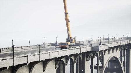 A large construction crane operates on a majestic bridge surrounded by thick fog. Workers manage heavy materials as they ensure the project stays on schedule. The atmosphere is calm yet focused.の写真素材