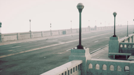 A quiet, fog covered promenade stretches into the distance, lined with lampposts. The emptiness...