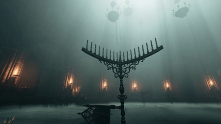A beautifully ornate candle holder stands alone in a vast, shadowy hall filled with fog. Gentle...
