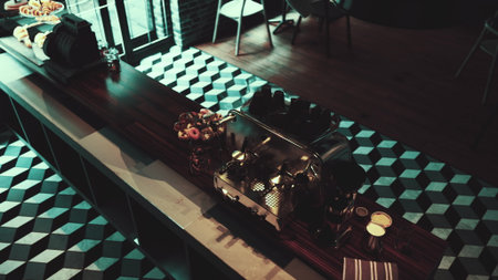A warm and inviting space showcases a barista crafting coffee behind a polished counter. Delicious...