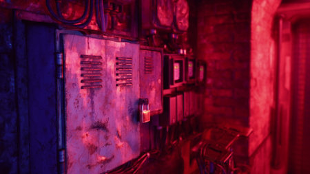 In a vibrant urban setting, neon lights cast colorful hues on an old industrial wall lined with...