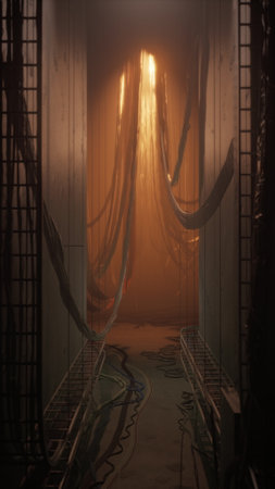A narrow corridor in an industrial environment glows with warm light filtering through hanging...
