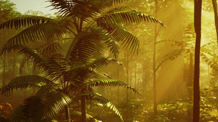 Sunlight filters through tall trees, casting warm golden hues on vibrant green leaves. The serene forest is alive with the sounds of nature and the promise of adventure.の写真素材