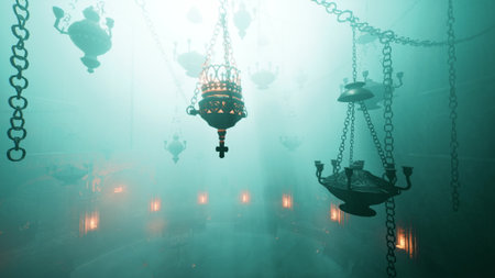 Soft light from unique chandeliers casts an ethereal glow in a hazy environment. The enchanting atmosphere invites exploration and stirs imagination in a dreamlike setting.の写真素材