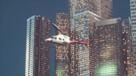 A helicopter flies gracefully above towering skyscrapers, illuminated by city lights as dusk settles in. The vibrant colors of the buildings reflect a lively urban atmosphere.の写真素材