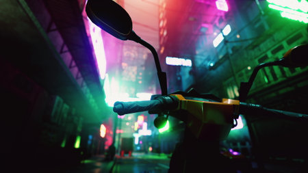 A vibrant scene captures a motorcycle parked on a dimly lit street filled with colorful neon signs. The atmosphere is electric, evoking the spirit of night adventures in a bustling city.の写真素材