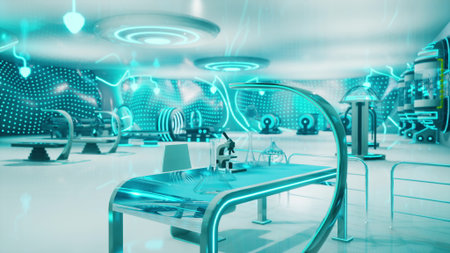 A sleek laboratory features intricate designs and glowing blue neon lights. Various scientific instruments are arranged on reflective surfaces, creating a high tech atmosphere.の写真素材