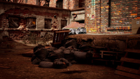 A view of a dilapidated warehouse shows scattered debris and trash piles, highlighting years of neglect. The atmosphere is thick with history, waiting to be rediscovered in the shadows.の写真素材
