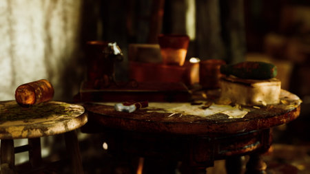 Dust and debris cover worn wooden tables, remnants of past creativity linger in the air. Tools and materials tell stories of craftsmanship, echoing a quiet yet vibrant history of creation.の写真素材