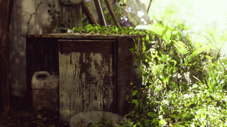 A weathered wooden table sits amidst lush green foliage, illuminated by soft sunlight. Tiny purple flowers peek through the greenery, creating a serene, tranquil atmosphere.の写真素材