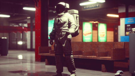 A lone astronaut in a retro spacesuit stands in a busy subway station, lit by overhead lights and bright ads, merging adventure with urban life.の写真素材