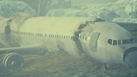 A decaying aircraft rests against icy cliffs, its fuselage cracked and weathered. Surrounded by snow, a muted atmosphere envelops the scene, hinting at untold stories of adventure and loss.の写真素材