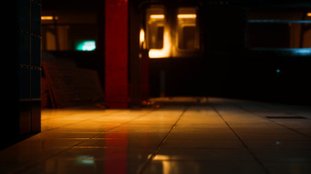 A quiet subway platform glows softly with warm lights, reflecting on polished tiles. Shadows play in...