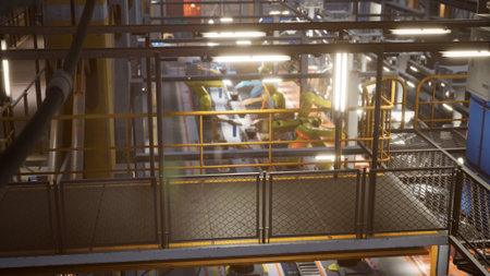 Inside an industrial facility, workers diligently assemble products at a conveyor belt. The well lit...
