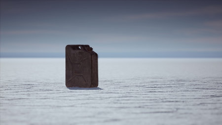 A solitary jerrycan rests on the shimmering white salt flats, surrounded by an endless horizon.の写真素材