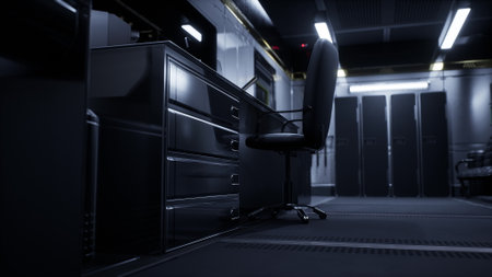 A sleek desk with drawers is shown in a dimly lit futuristic office. A rolling chair stands beside...