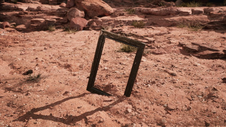A weathered frame stands alone in a vast desert landscape, casting a long shadow as the sun sets. The rugged terrain contrasts with its delicate structure, inviting contemplation.の写真素材