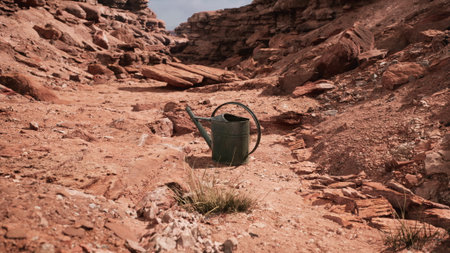 In a dry canyon landscape, a green watering can sits abandoned on the cracked earth, surrounded by sparse tufts of grass and unique rock formations, showcasing the harshness of drought.の写真素材