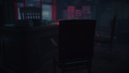 Shadows dance in the dimly lit study as a single chair awaits its occupant. Books and a desk create a cozy yet eerie atmosphere, hinting at untold stories waiting to unfold.の写真素材