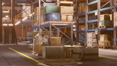 In a lively warehouse, cardboard boxes are organized on multiple shelves with some stacked haphazardly on the floor. Racks hold colorful containers, creating a bustling atmosphere of activity.の写真素材