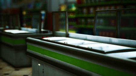 Shoppers explore a well lit grocery store filled with colorful product displays and a wide variety of fresh items. Busy aisles showcase the energy of community living at any time.の写真素材