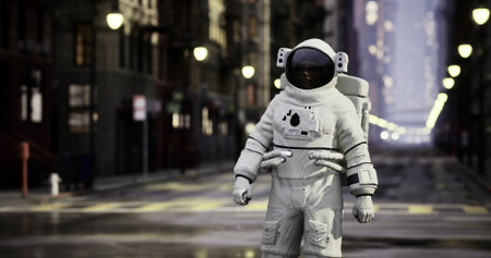 An astronaut stands alone on a quiet city street early in the morning. The surroundings are empty, with buildings lining the road and streetlights illuminating the scene.の写真素材