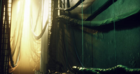 Golden light filters through a narrow corridor filled with shadows, revealing tangled cables along...