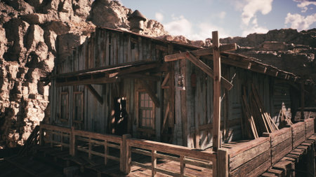 A rustic wooden cabin stands among rocky formations in a vast desert. The structure features a porch and weathered exterior, bathed in warm sunshine beneath a clear blue sky.の写真素材