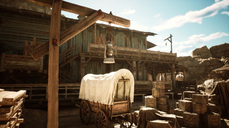 A rustic western town features wooden buildings and a wagon covered with a white canvas. Crates and...
