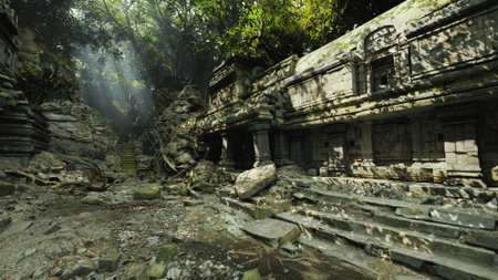 This location showcases the captivating remnants of a Cambodian temple, engulfed by dense vegetation and illuminated by beams of sunlight filtering through the canopy.の写真素材