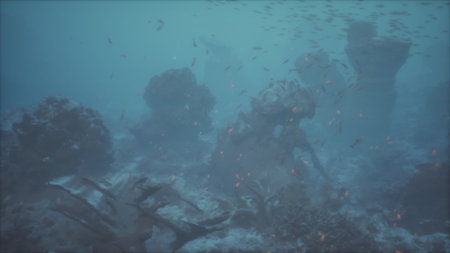 Diverse marine life thrives among beautiful coral formations, as sunlight filters through the water. This underwater world showcases the rich ecosystem housing various species.の写真素材