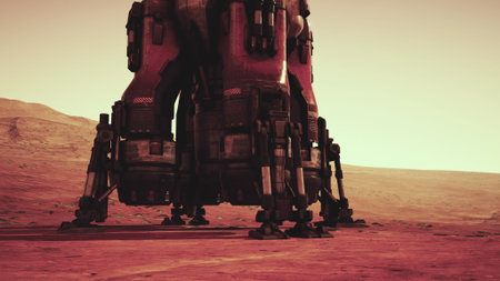 The bases landing gear rests on the Martian terrain as the sun sets, casting a warm glow over the surrounding red landscape, highlighting the harsh environment.の写真素材